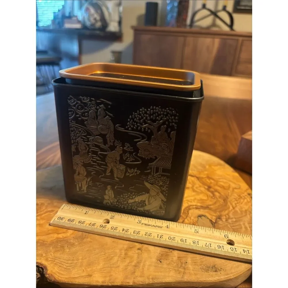 Black Decorative Asian-Inspired Tea Tin with Embossed Scene